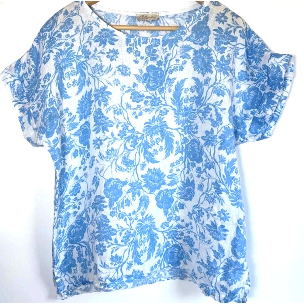 Bellambra Linen Blouse  Women Small‎ Blue White Floral Made in Italy Top Coastal